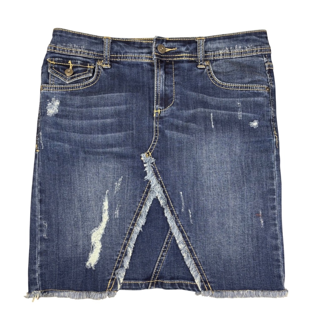 INC‎ Denim Mini Skirt Womens 4 Blue Distressed Raw Hem Frayed